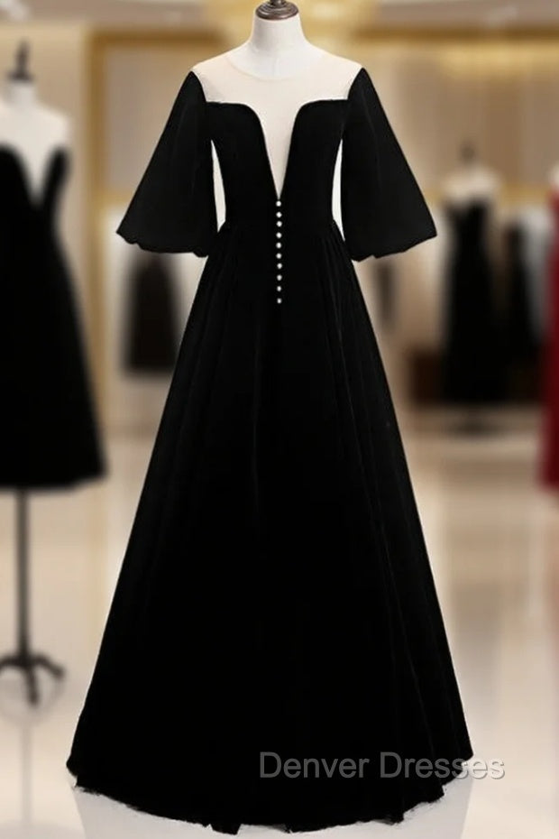 A-Line Black Velvet Horn Sleeve See Through Prom Dress Main image