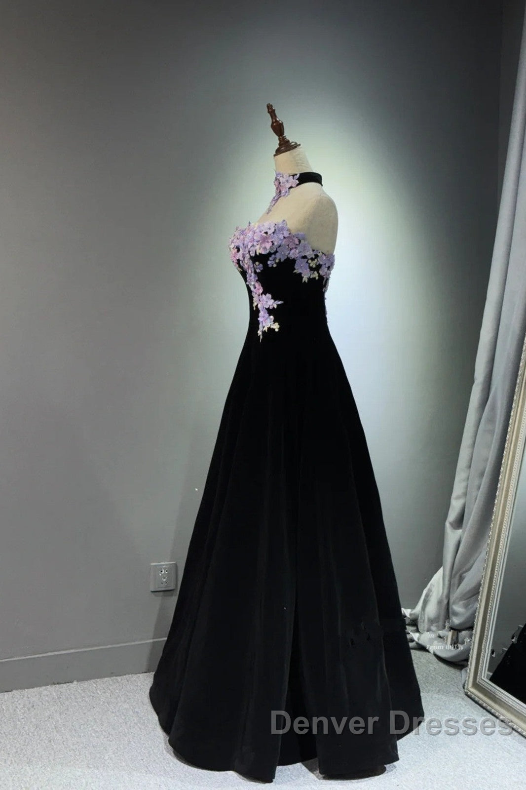 A-Line Black Velvet Long Party Dress With Lace Applique, Black Velvet Prom Dress Secondary image