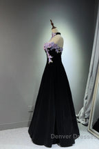 A-Line Black Velvet Long Party Dress With Lace Applique, Black Velvet Prom Dress