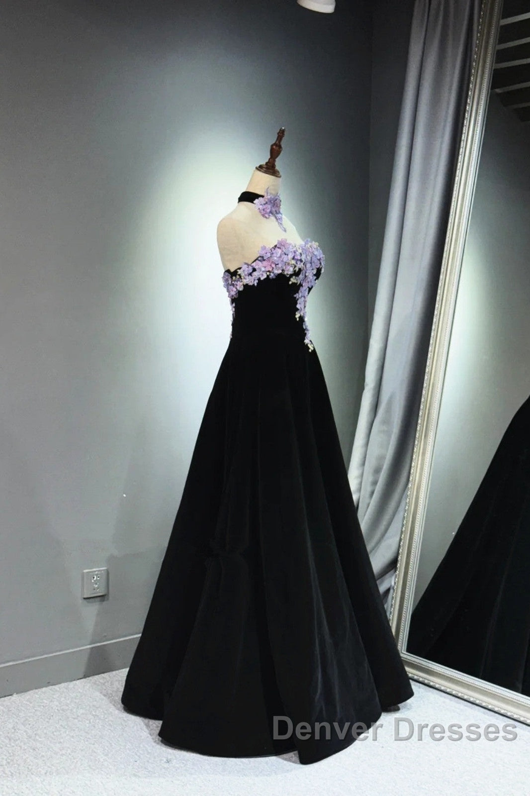 A-Line Black Velvet Long Party Dress With Lace Applique, Black Velvet Prom Dress