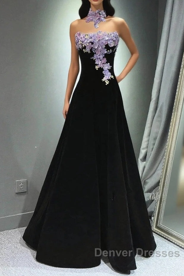 A-Line Black Velvet Long Party Dress With Lace Applique, Black Velvet Prom Dress Main image