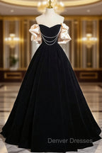 A-Line Black Velvet Long Prom Dress, Black Long Evening Dress