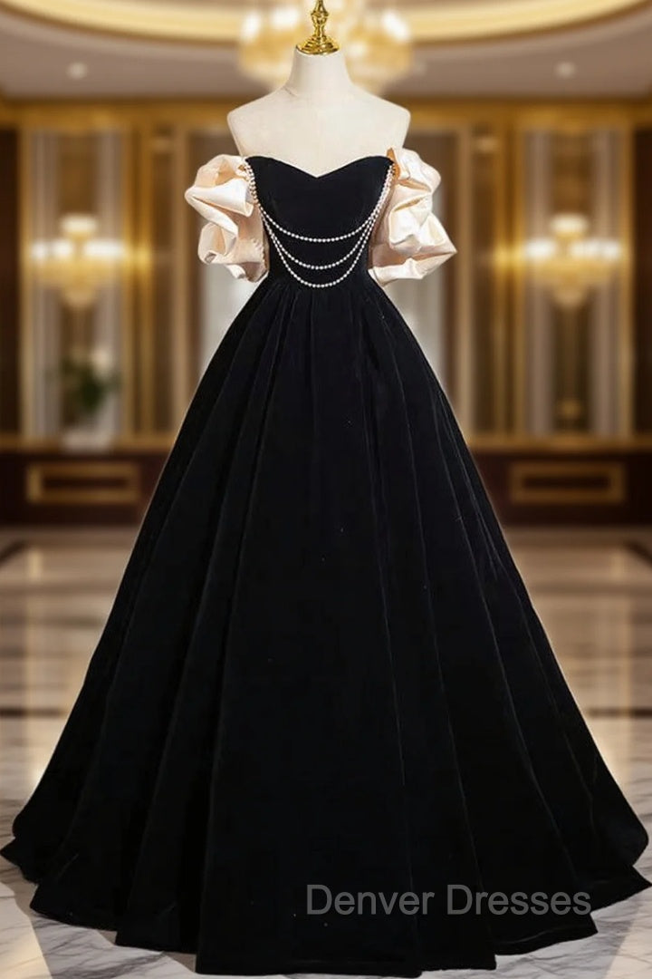 A-Line Black Velvet Long Prom Dress, Black Long Evening Dress