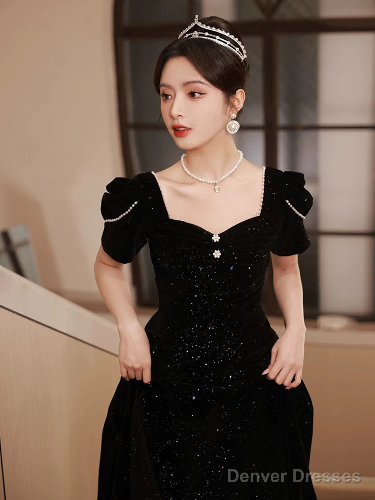 A-Line Black Velvet Long Simple Floor Length Prom Dress, Black Velvet Party Dress