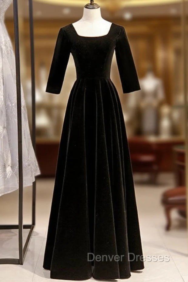 A-Line Black Velvet Square Short Sleeve Prom Dress Main image