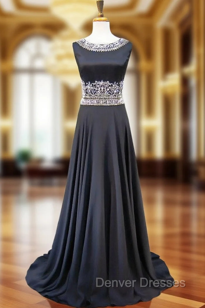 A-line Bling Bling Beaded Crystals Floor Length Black Prom Dress