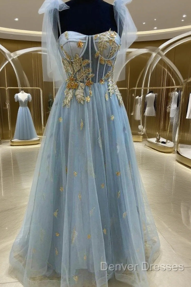 A-Line Blue And Gold Appliqed Long Formal Dress Prom Dress