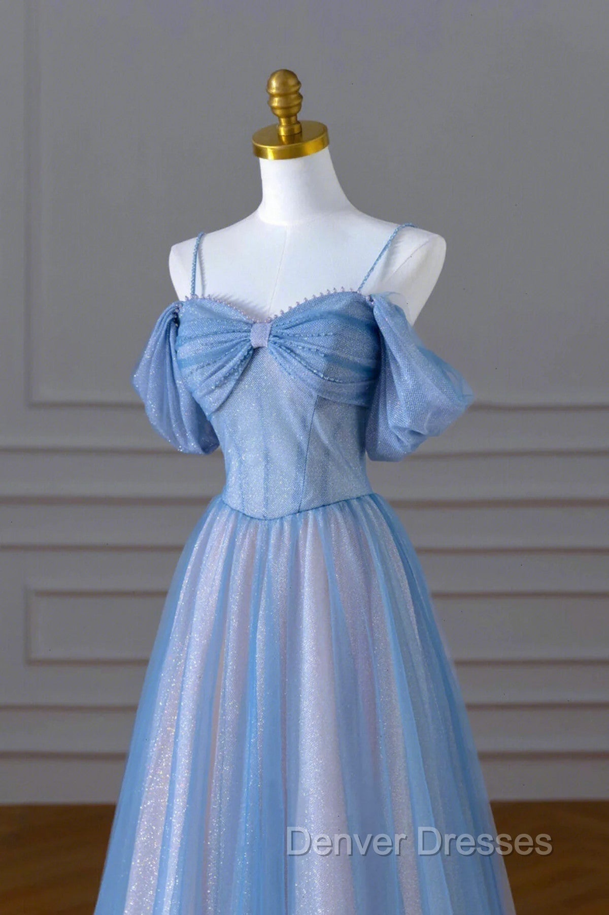 A-line Blue and Pink Beaded Tulle Long Party Dress, Blue Prom Dress Secondary image