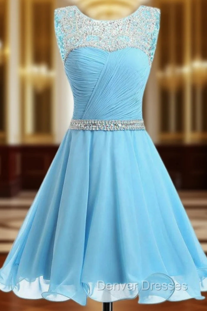 A-line Blue Chiffon Scoop Neck Backless Beading Crystal Homecoming Dress Main image