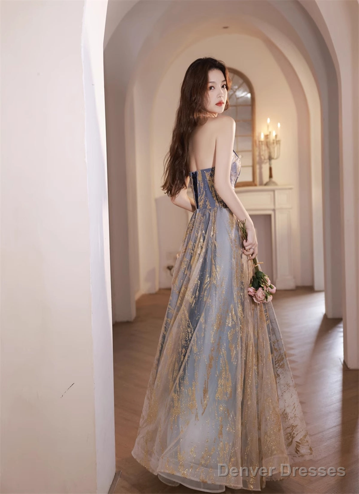 A-Line Blue Gradient Tulle Long Party Dress, A-Line Blue Prom Dress Formal Dress