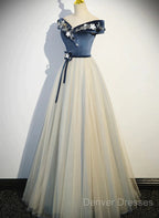 A-Line Blue-Grey Off Shoulder Long Party Dress, Tulle And Velevet Long Prom Dress