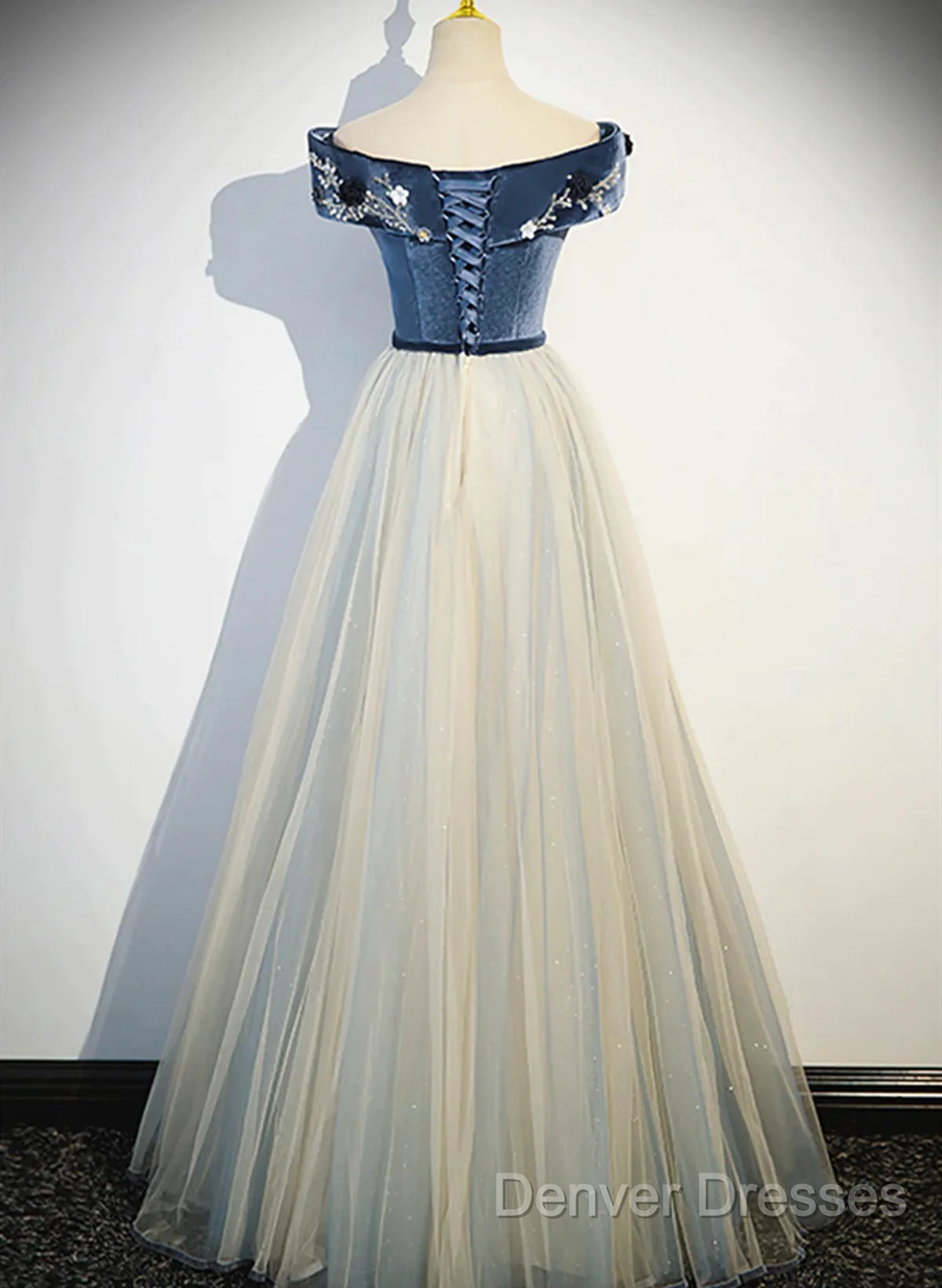 A-Line Blue-Grey Off Shoulder Long Party Dress, Tulle And Velevet Long Prom Dress
