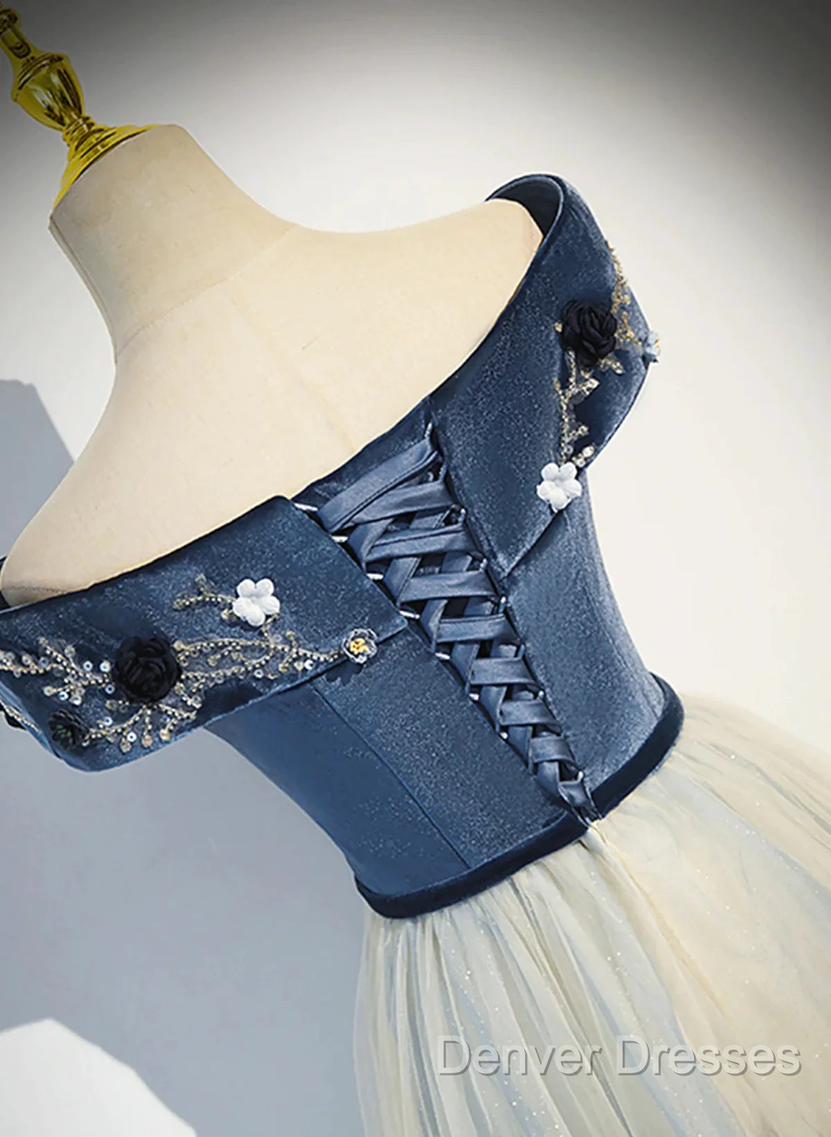 A-Line Blue-Grey Off Shoulder Long Party Dress, Tulle And Velevet Long Prom Dress