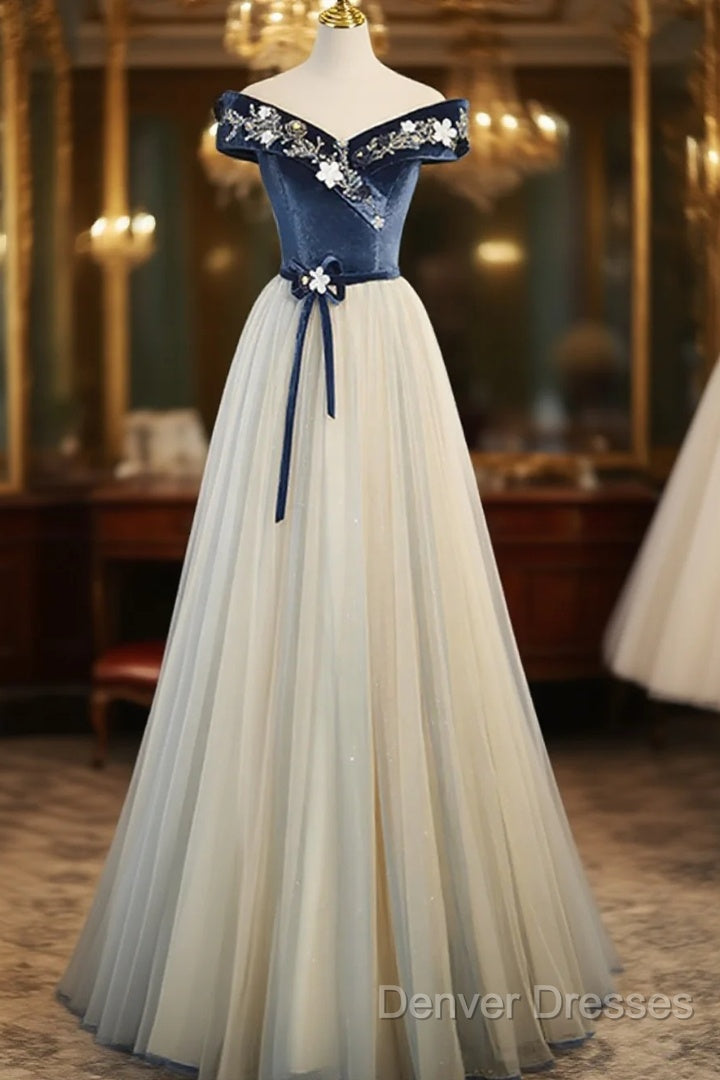 A-Line Blue-Grey Off Shoulder Long Party Dress, Tulle And Velevet Long Prom Dress Main image