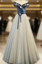 A-Line Blue-Grey Sequins Off Shoulder Long Party Dress Velevet Long Prom Dress