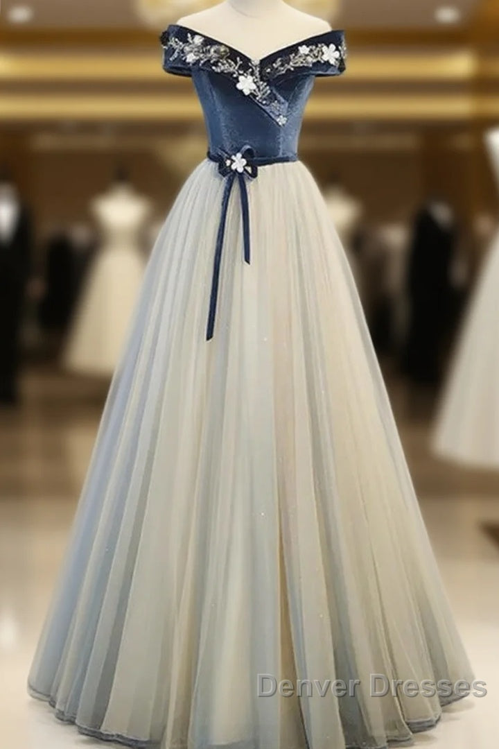 A-Line Blue-Grey Sequins Off Shoulder Long Party Dress Velevet Long Prom Dress