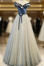 A-Line Blue-Grey Sequins Off Shoulder Long Party Dress Velevet Long Prom Dress