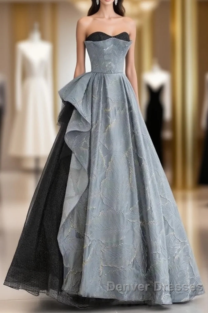 A-Line Blue-Grey Sweetheart Long Formal Party Dress Floor Length Tulle Prom Dress