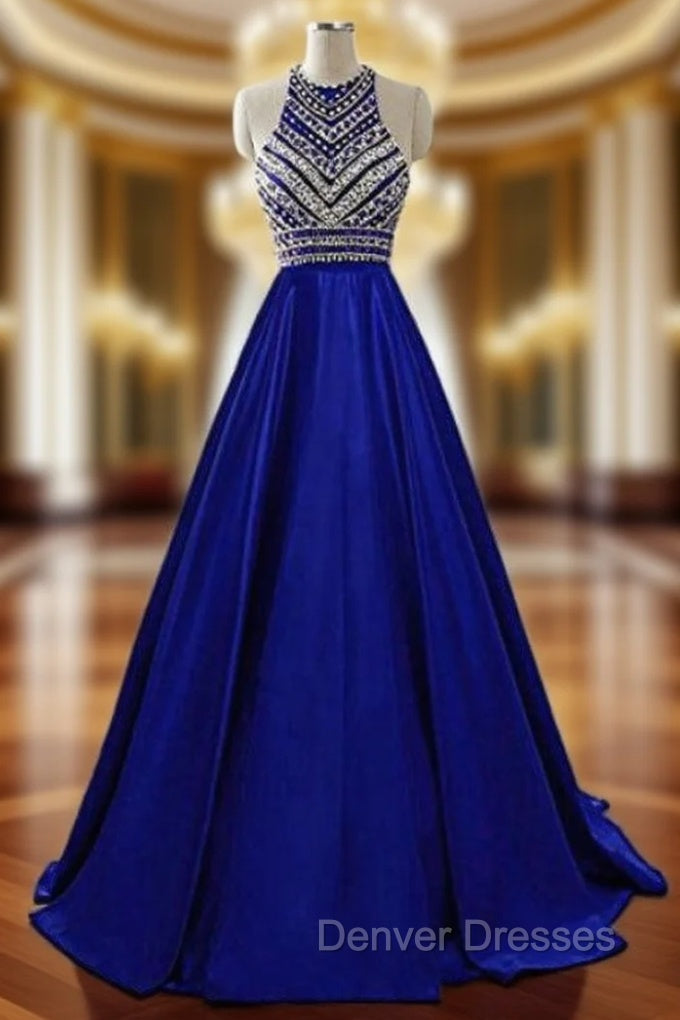 A-Line Blue Halter Satin Beading Prom Dress With Pocket Main image