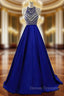 A-Line Blue Halter Satin Beading Prom Dress With Pocket
