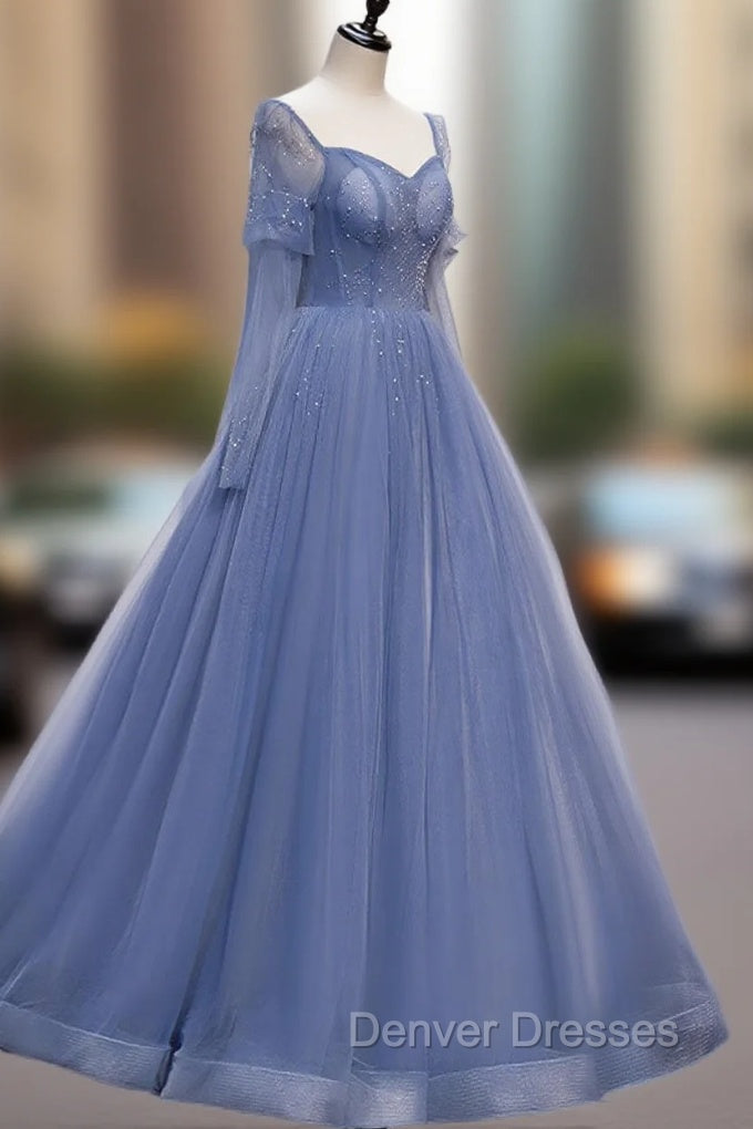 A line Blue Long Prom Dress, Blue Formal Graduation Dress with Beading