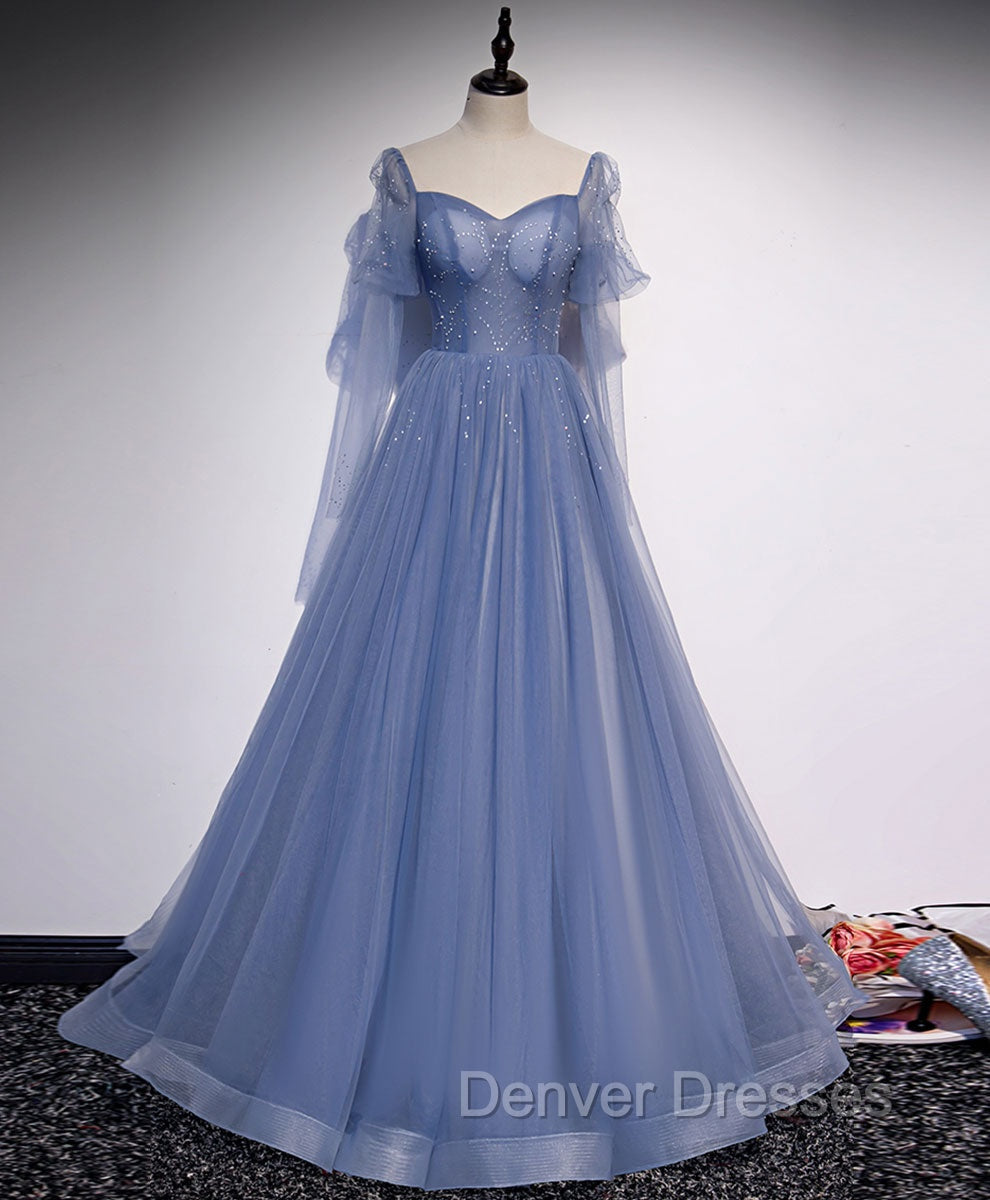A line Blue Long Prom Dress, Blue Formal Graduation Dress with Beading Main image
