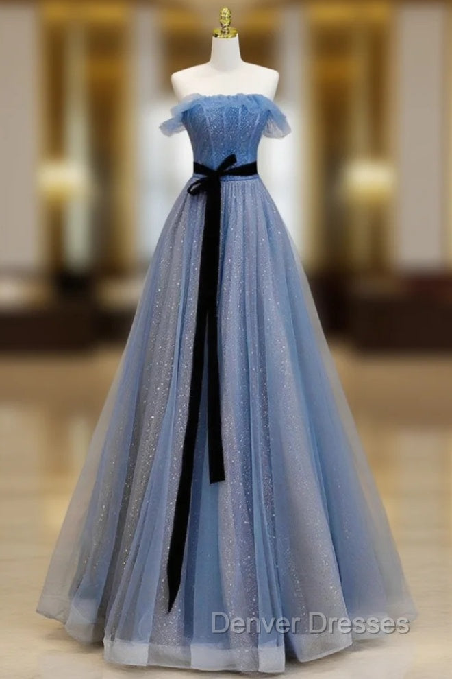 A-Line Blue Long Prom Dress, Tulle Sequin Long Blue Formal Evening Dress Main image
