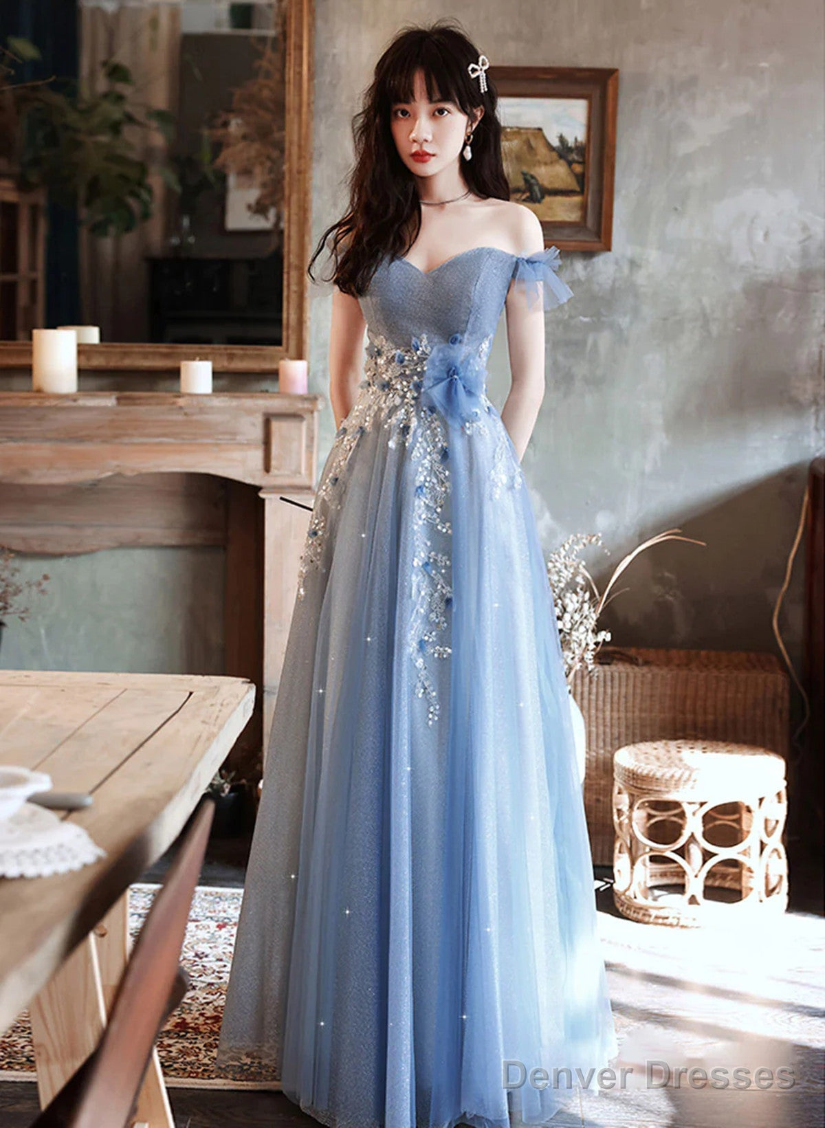 A-Line Blue Off Shoulder With Lace Long Evening Dress, Blue Long Prom Dress Secondary image