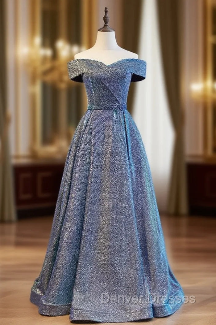 A-Line Blue Off the Shoulder Prom Dress