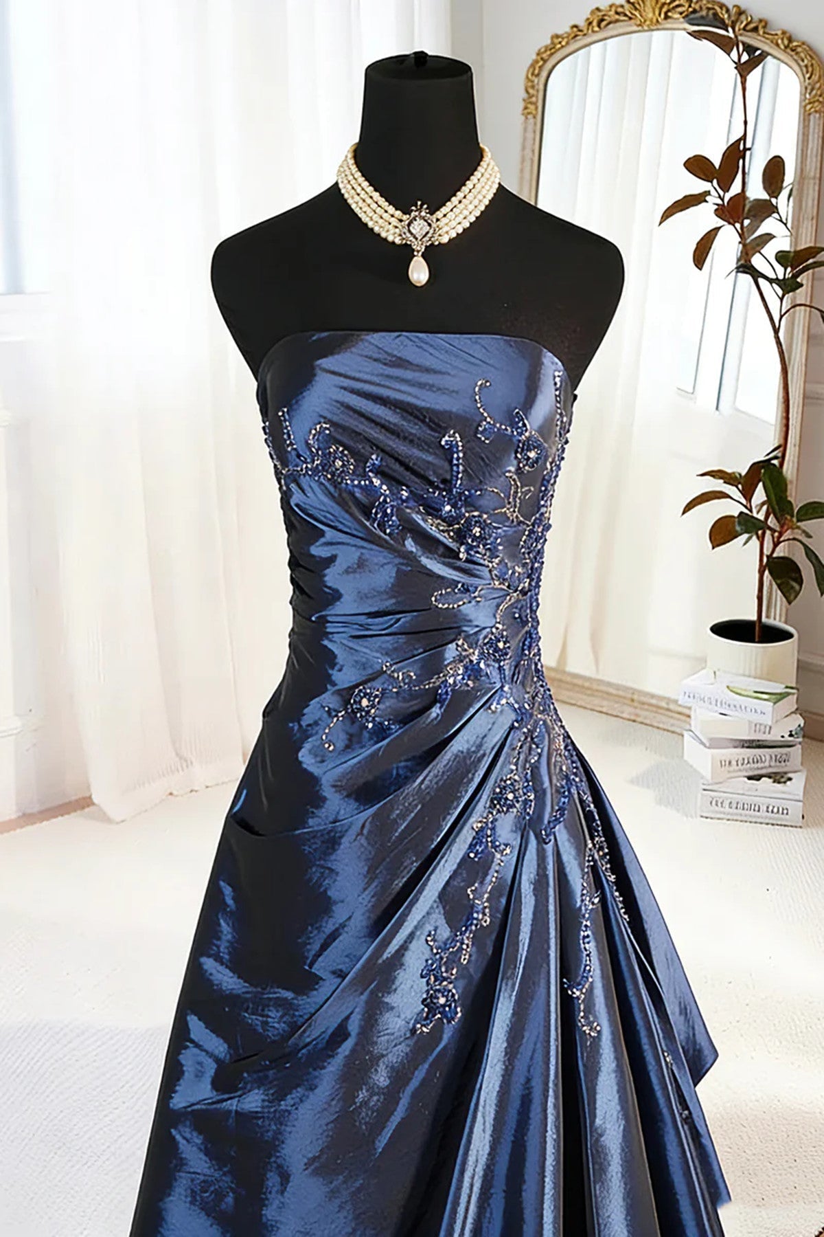 A-Line Blue Satin Beaded Floor Length Prom Dress, Blue Satin Scoop Long Party Dress Secondary image