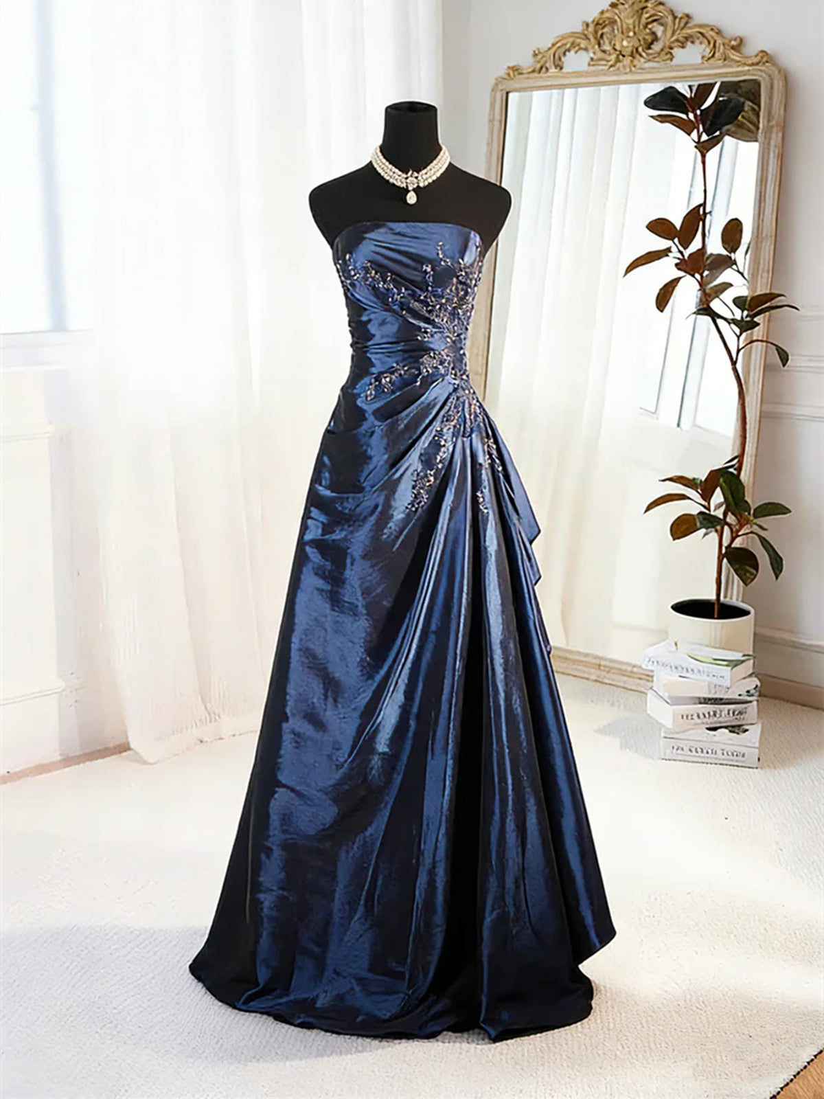 A-Line Blue Satin Beaded Floor Length Prom Dress, Blue Satin Scoop Long Party Dress Main image