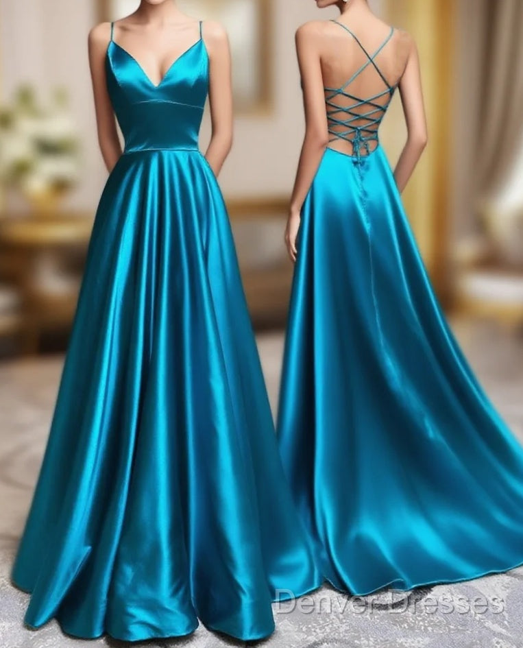 A-Line Blue Satin Long Prom Dress, Blue Formal Evening Dress Main image