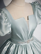 A-Line Blue Satin Long Prom Dress, Blue Long Formal Dress