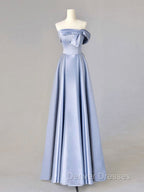 A-Line Blue Satin Long Prom Dress, Blue Formal Evening Dress