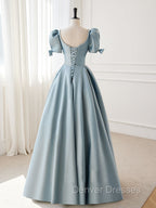 A-Line Blue Satin Puffy Sleeve Long Prom Dress, Blue Formal Dress