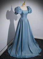 A-Line Blue Satin Short Sleeves Long Party Dress, Blue Short Sleeves Prom Dress