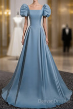 A-Line Blue Satin Short Sleeves Long Party Dress, Blue Short Sleeves Prom Dress