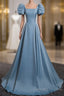 A-Line Blue Satin Short Sleeves Long Party Dress, Blue Short Sleeves Prom Dress