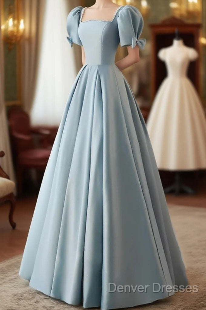 A-Line Blue Satin Short Sleevs Long Formal Dress, Blue Simple Floor Length Prom Dress Main image