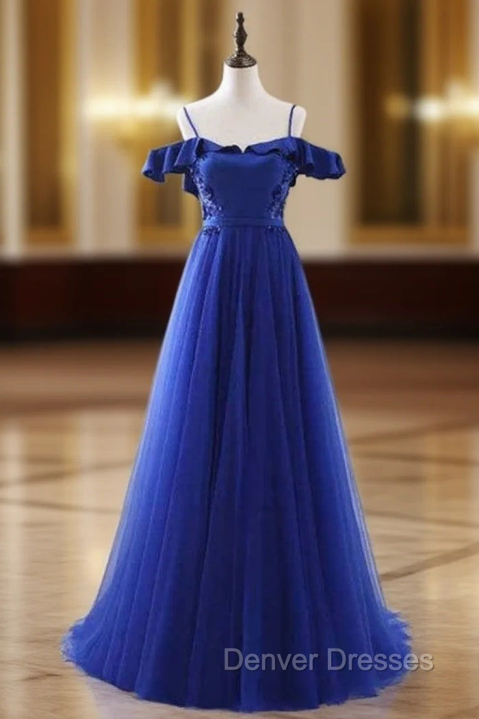 A-Line Blue Satin Tulle Spaghetti Straps Appliques Prom Dress Main image