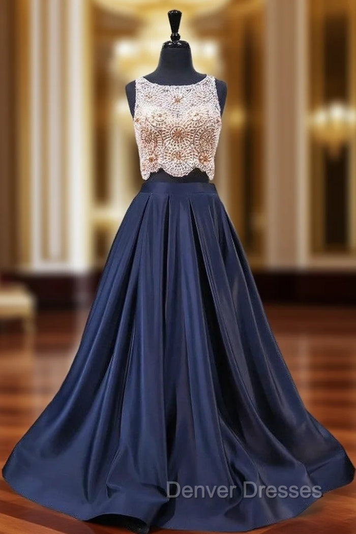 A-Line Blue Satin Two Piece Beading Bodice Evening Dress Main image