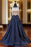 A-Line Blue Satin Two Piece Beading Bodice Evening Dress