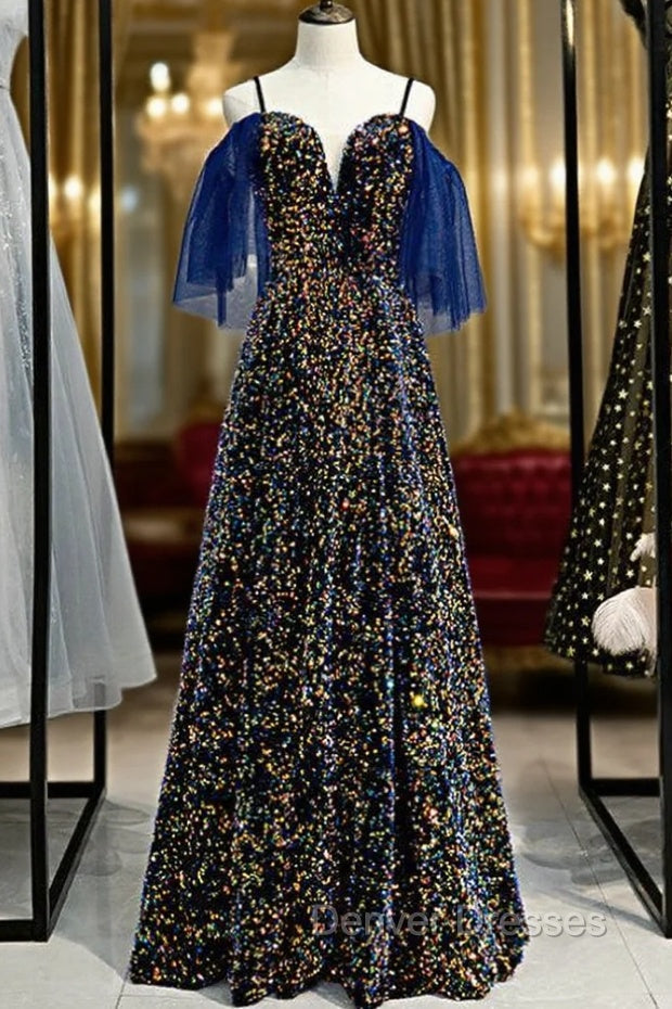 A-Line Blue Sequins Spaghetti Straps V-neck Prom Dress Main image
