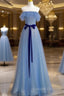 A-Line Blue Simple Off Shoulder Floor Length Prom Dress, Blue Long Party Dress