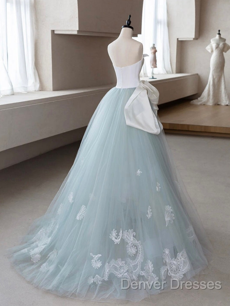 A-Line Blue Tulle Lace Applique Long Prom Dress, Blue Long Formal Dress Secondary image