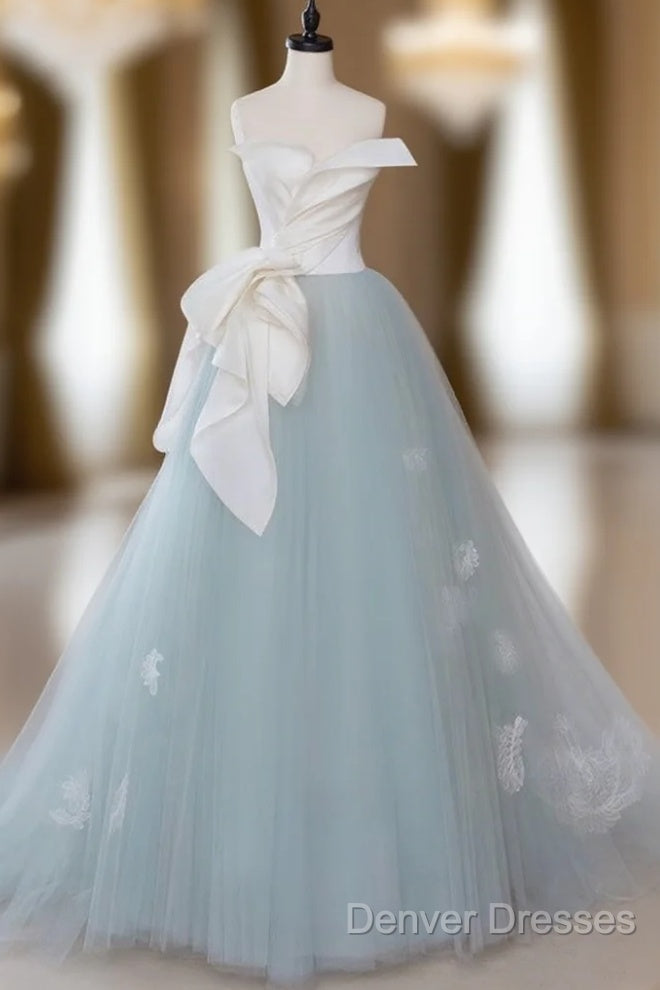 A-Line Blue Tulle Lace Applique Long Prom Dress, Blue Long Formal Dress Main image