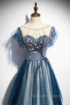 A-line Blue Tulle Long Beaded Prom Dress, A-Line Formal Evening Dress
