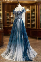 A-line Blue Tulle Long Beaded Prom Dress, A-Line Formal Evening Dress