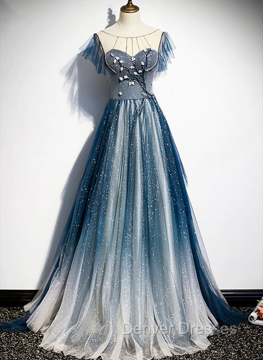 A-line Blue Tulle Long Beaded Prom Dress, A-Line Formal Evening Dress Main image