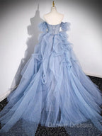 A-line Blue Tulle Long Prom Dress, Blue Long Evening Dress
